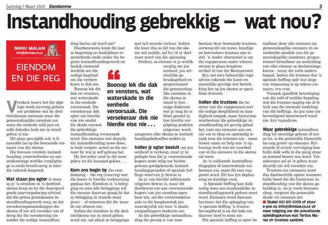 Article in The Burger Newspaper - instandhouding-gebrekkig-wat-nou-7-maart-2020