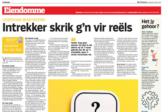 Article in The Burger Newspaper - intrekker-skrik-gn-vir-reels-30-mei-2020