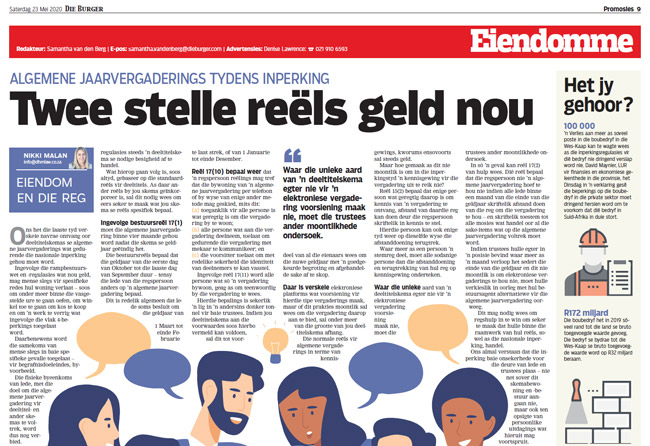 Article in The Burger Newspaper - twee-stelle-reels-geld-nou-23-mei-2020