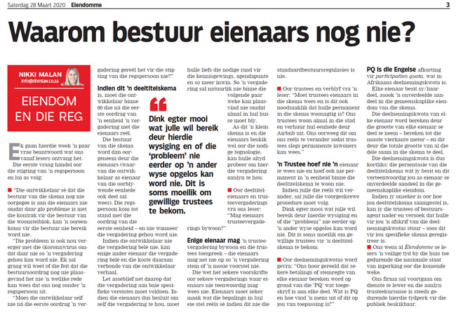 Article in The Burger Newspaper - waarom-bestuur-eienaars-nog-nie-28-maart-2020
